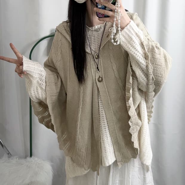 화이트 & 베이지 케이프 니트 롱 세트 🪽