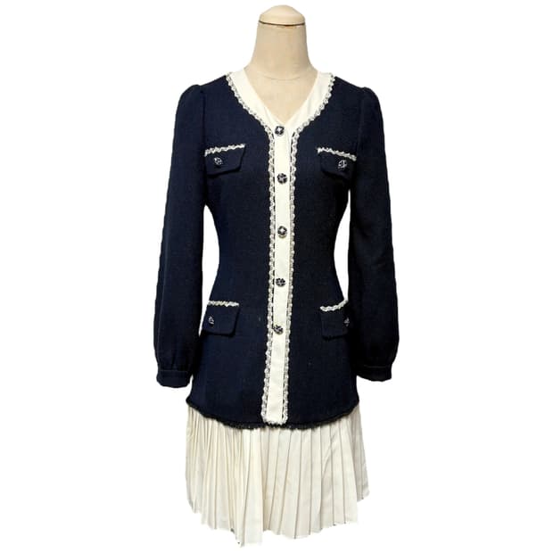 3695 네이비 아이보리 플리츠 트위드원피스