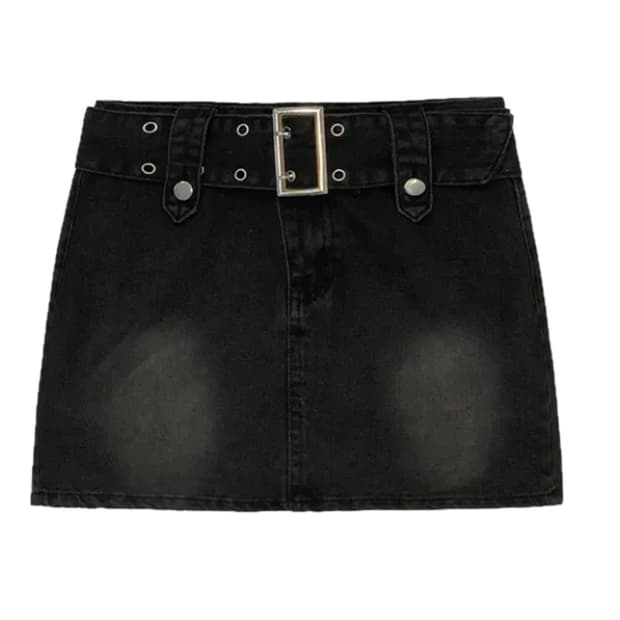 블랙 워싱데님 벨트 스커트 