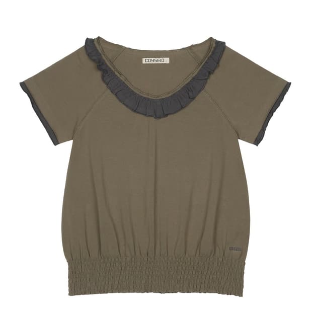 코이세이오 RUFFLE V-NECK SMOCKED T-SHIRT OLIV