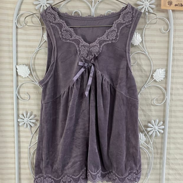 빈티지 퍼플 벨벳 레이스 리본 나시 940 y2k 스트릿 갸루 펑키 일본