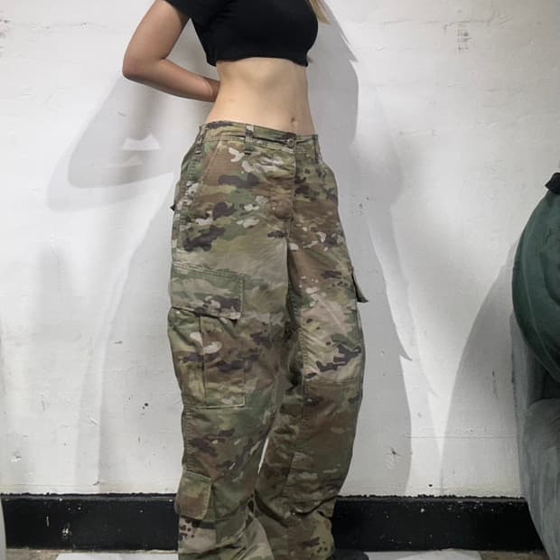 빈티지 카키 밀리터리 카모 미군 군복 와이드 카고 팬츠 