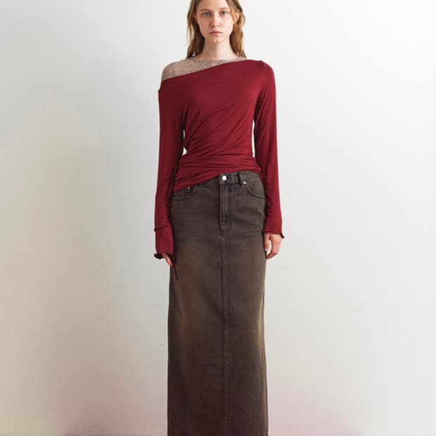 아옵트 데님 롱스커트 브라운