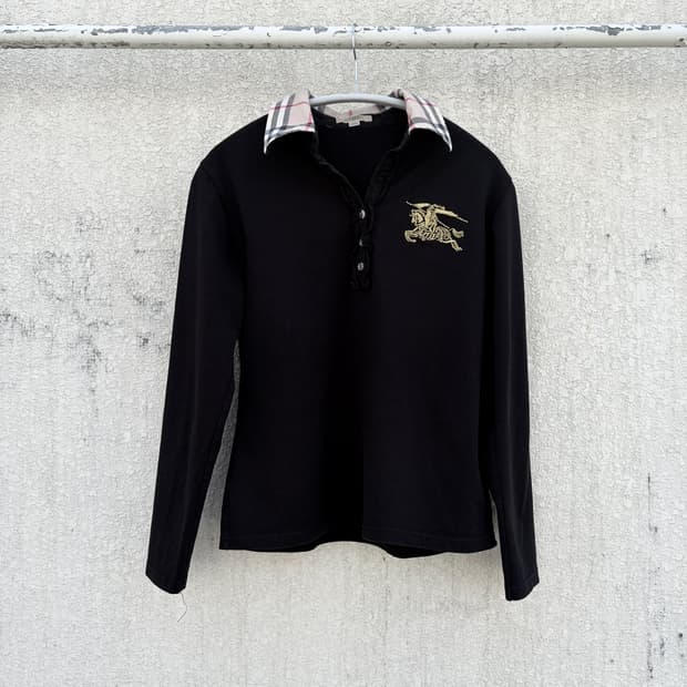 XL)버버리 00s 올드스쿨 금장빅로고 노바패턴카라 프릴 롱슬리브