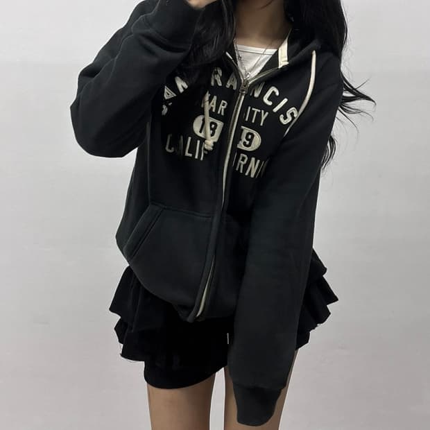 후아유 y2k 러블리힙 블랙 스웻 후드집업 희귀져지(XL)
