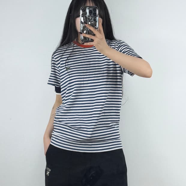 라코스테 네이비 스트라이프 반팔 티셔츠 E72