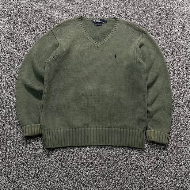 폴로 랄프로렌 브이넥 카키 니트