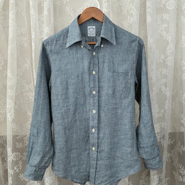 S) 브룩스브라더스 린넨 100 체크 셔츠 블루