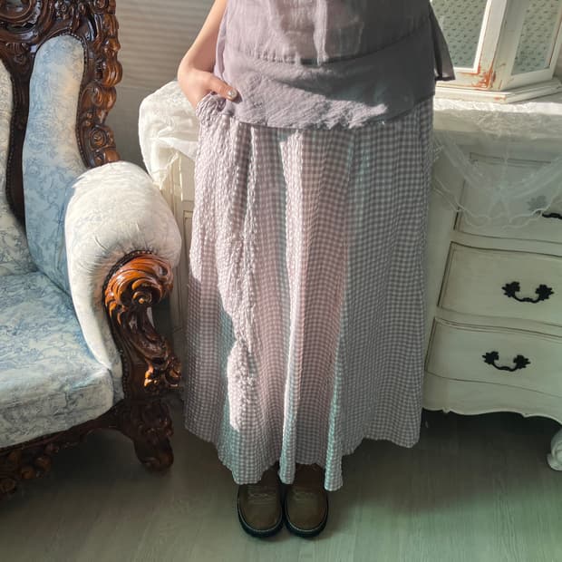 빈티지 페일퍼플 체크 롱스커트