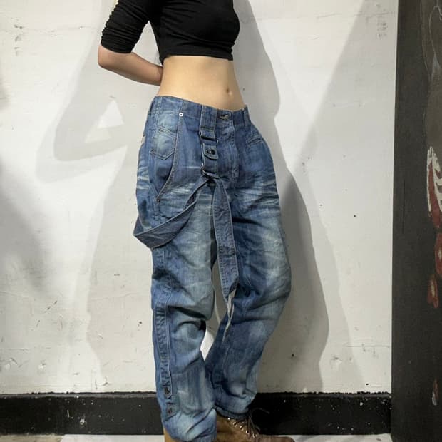 90s JPN 대장급 스트랩 디테일 오일 워싱 그런지 데님 팬츠 청바지