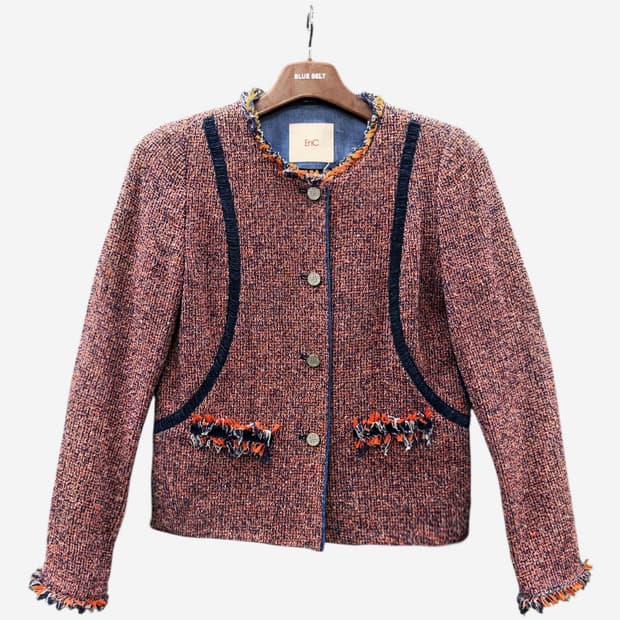 JPN VINTAGE 멀티톤 트위드자켓 네이비 테이핑 라인 프린지 디테일