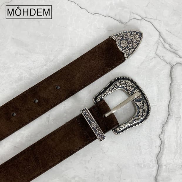 [Unisex] 클래식 웨스턴 스웨이드 가죽 벨트 브라운