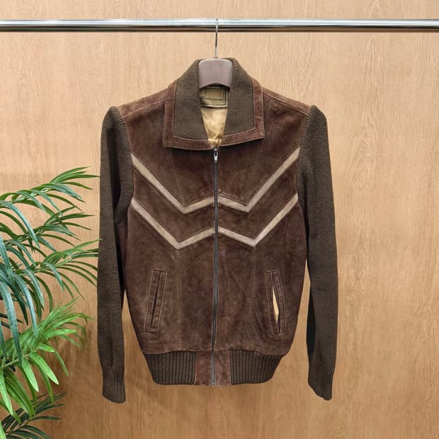 빈티지 스웨이드 니트 하이브리드 집업 자켓 브이 패턴 디테일 브라운
