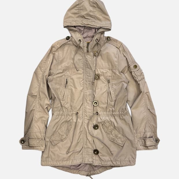 light beige military hood parka