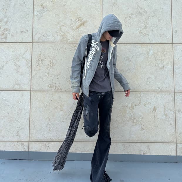 “Vintage”Y2K Print Grey Hooded Zip Up