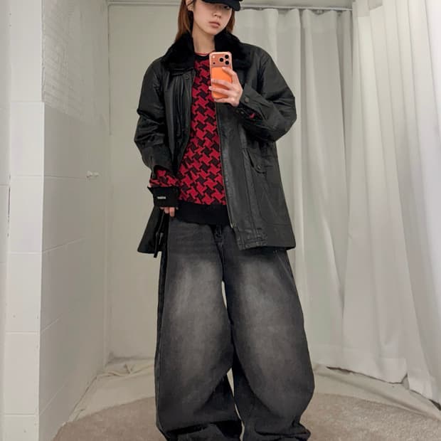 스투시 하운드투스 니트 블랙 레드 레더 스트릿 코디 세트