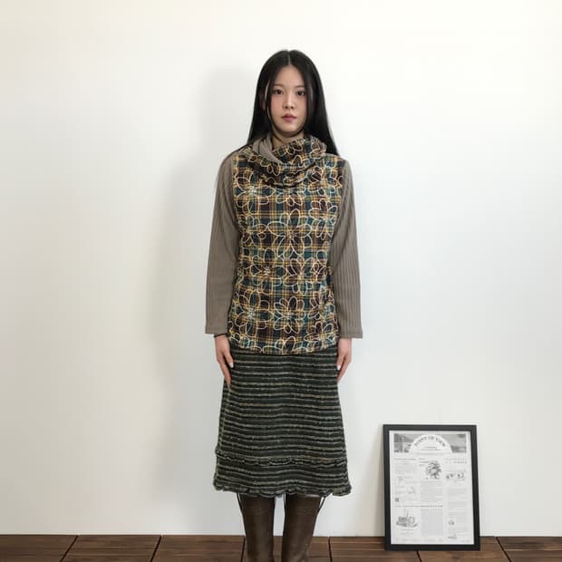 Jpn 'RUPUAU' Floral Plaid Cowl Neck Top