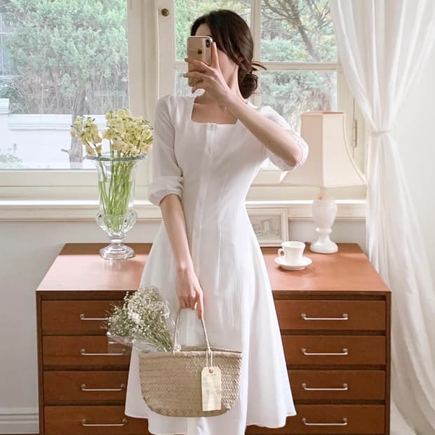 새상품 라비앙 스퀘어넥 버튼 롱원피스 아이보리