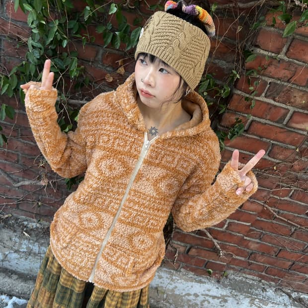 히피패턴 플리스 후드 집업