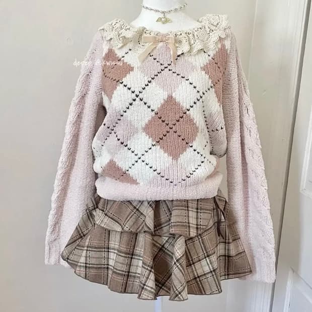 제시) 리즈리사 아가일 니트 고전 라떼가루 히메 짜잔시 교환가능