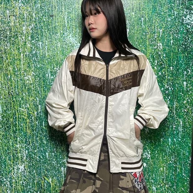 일본빈티지 아이보리 브라운 와투케 배색 바람막이 M