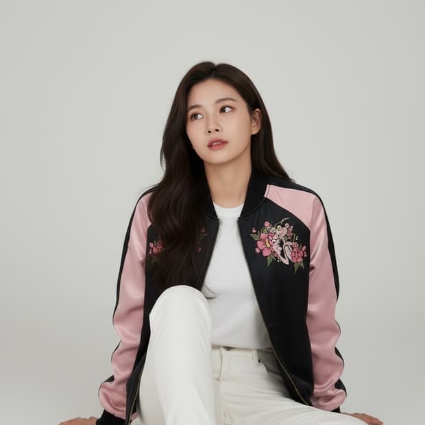 CHARMS 새틴 핑크 자수 봄버 자켓 95~100