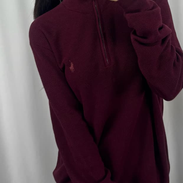 폴로 버건디 피마코튼 하프집업 니트