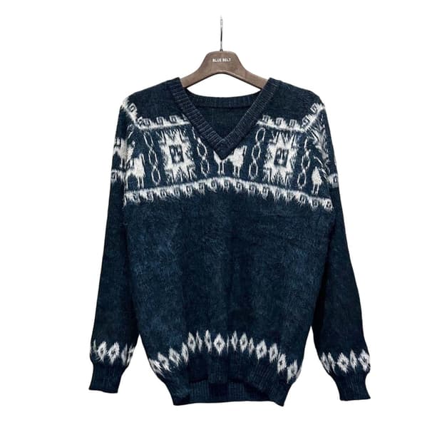 JPN VINTAGE 브이넥 울 니트 노르딕 패턴 디테일 네이비