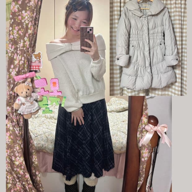 오프숄더 리본 니트 + 체크 스커트 러블리 패딩 세트