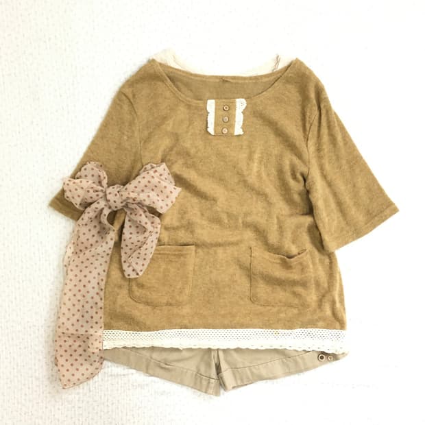 JPN/ 하구미반팔 하구미코디 하구미레이어드 레이스 디테일 반팔 상의 