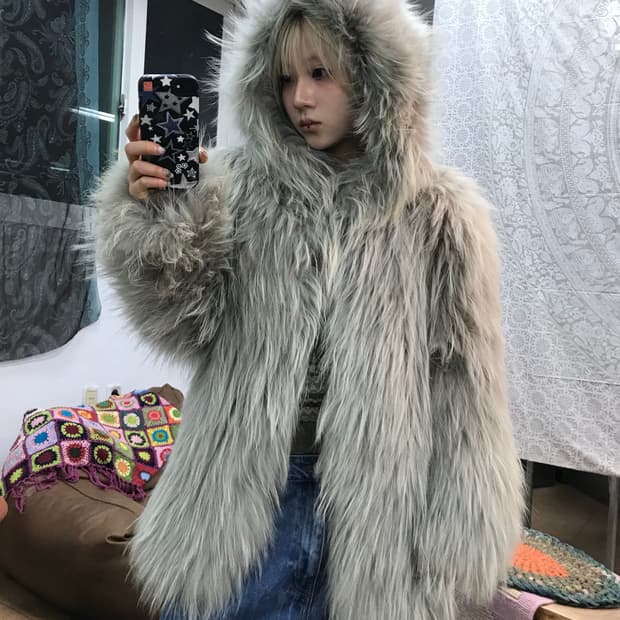 빈티지 여성 그레이 후드 퍼 자켓