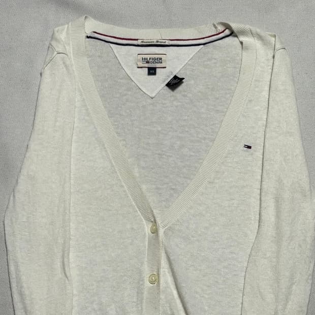 XS 타미힐피거 여성용 화이트 브이넥 가디건