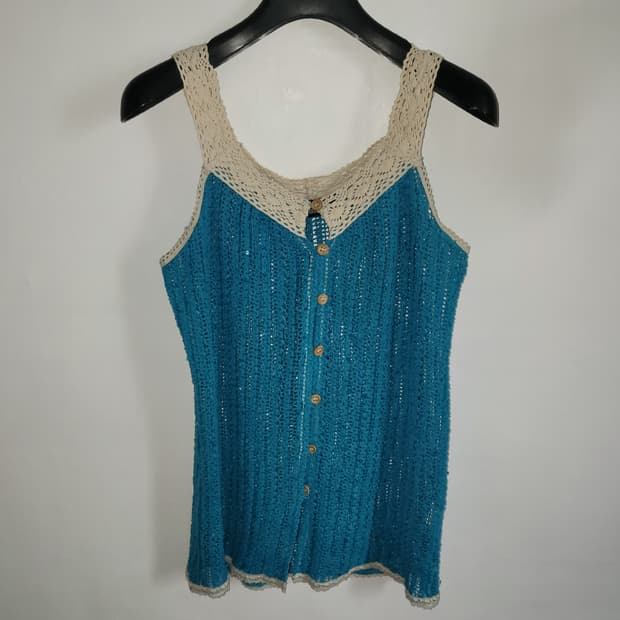 민트블루 크로셰 니트 슬리브리스