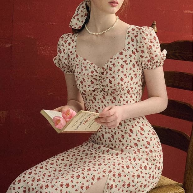 M사이즈) 신스덴 빈티지 로즈 하트넥 롱원피스 여름반팔플로랄원피스