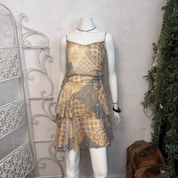 Yellow ethnic check paisley shirring ops