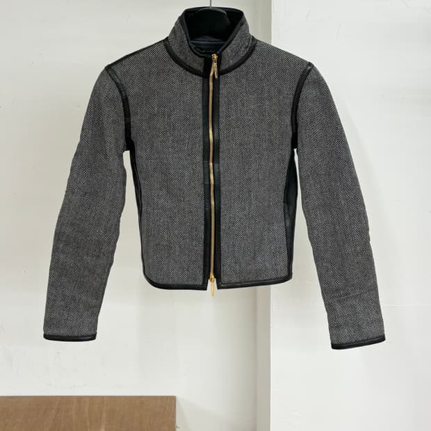 구찌 그레이 헤링본 블랙 가죽 트리밍 자켓