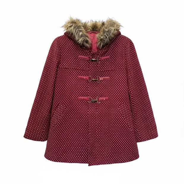 JPN VINTAGE D링 버클 더플코트 퍼후드 도트포인트 디테일 레드