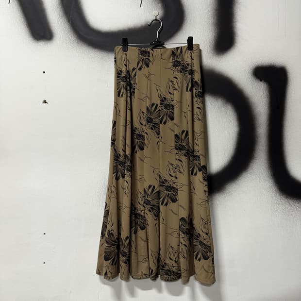 VTG 빈티지 오리엔탈 브라운 플라워 패턴 롱 스커트