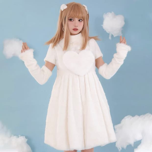 세트 핸드 워머 미니 원피스 퍼 흰색 천사 갸루 아일릿 원희 빈티지 