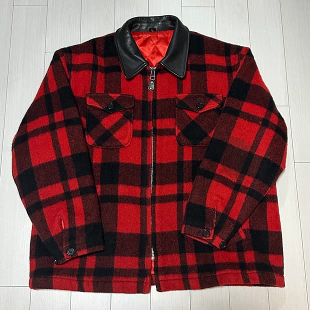 90s 레더 칼라 울 체크 자켓