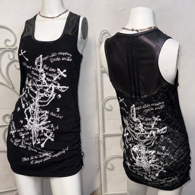 Black skull printing lace shirring ops