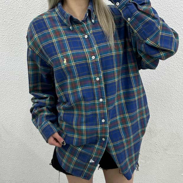 폴로 랄프로렌 바닐라 포니 블루 타탄체크 셔츠 XL