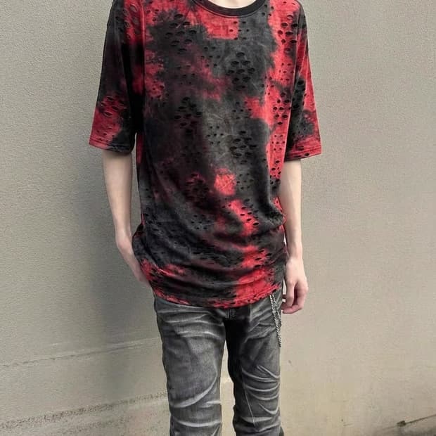 일본 빈티지 그런지 홀 디테일 밑단 사선 절게  반팔티