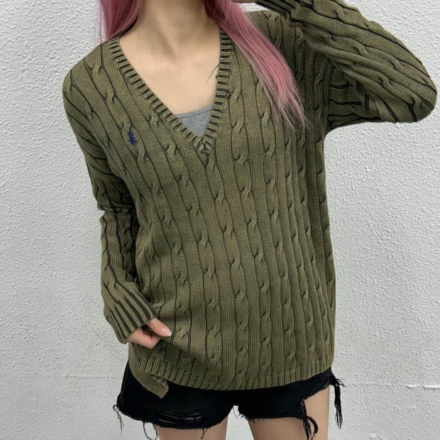 폴로 랄프로렌 카키 꽈배기 브이 니트 S