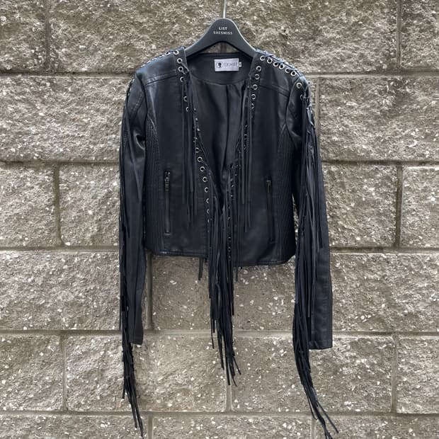 [M] YAMEI  레이스업 디테일 프린지 여성 레더 자켓