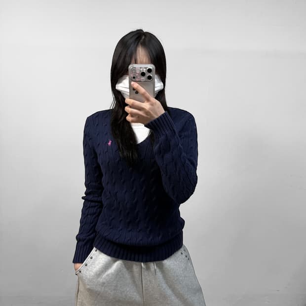 폴로 랄프로렌 포니 로고 브이넥 케이블 니트 네이비