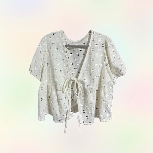 모리 리본 펀칭 반팔 퍼프 가디건 아이보리