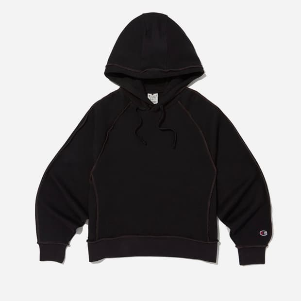 챔피온 스티치 루즈핏 와플 후드 티셔츠 Black