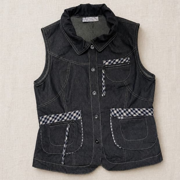 체크 디테일 데님 베스트