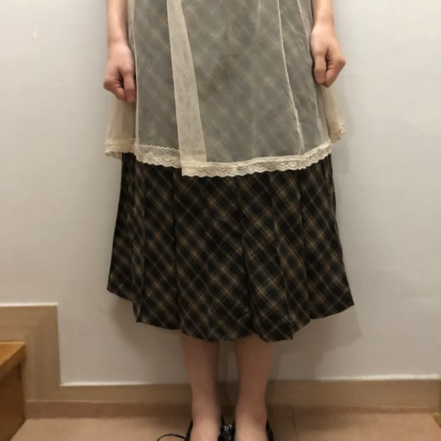 빈티지 그린 체크 울 플리츠 스커트